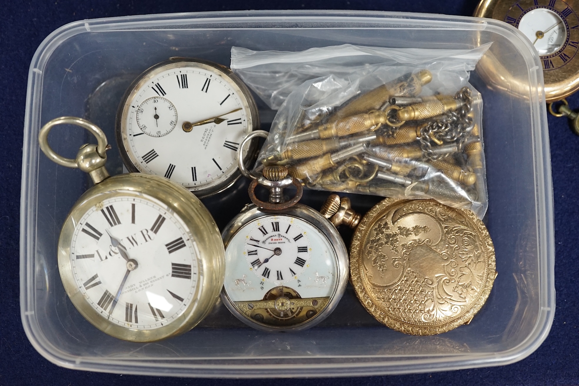 A gentleman's stainless steel Omega Seamaster manual wind wrist watch, nine assorted pocket watches, etc. including Hebdomas, a watch tool and a quantity of watch keys. Condition - poor to fair.